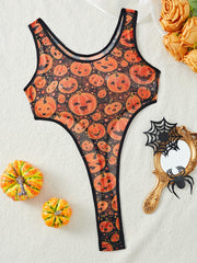 Women's Sexy Halloween one-piece lingerie - Semi-Sheer Mesh, Sexy Party Outfit for Halloween Costume Intimate Evenings, Women's Lingerie, Themed Clothing, Floral Print Design, Stretchy Material, Garterneck Bralette, Adult Wom