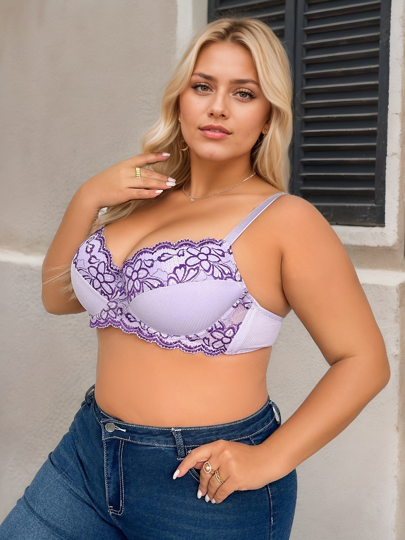 Plus Size Women'S Elegant Floral Lace Push-Up Bra For Women, Adjustable Straps - Non-Removable Padded Cups, Intricate Lacework Comfortable Sexy Lingerie For Everyday & Special Occasions, Women'S Lingerie & Underwear