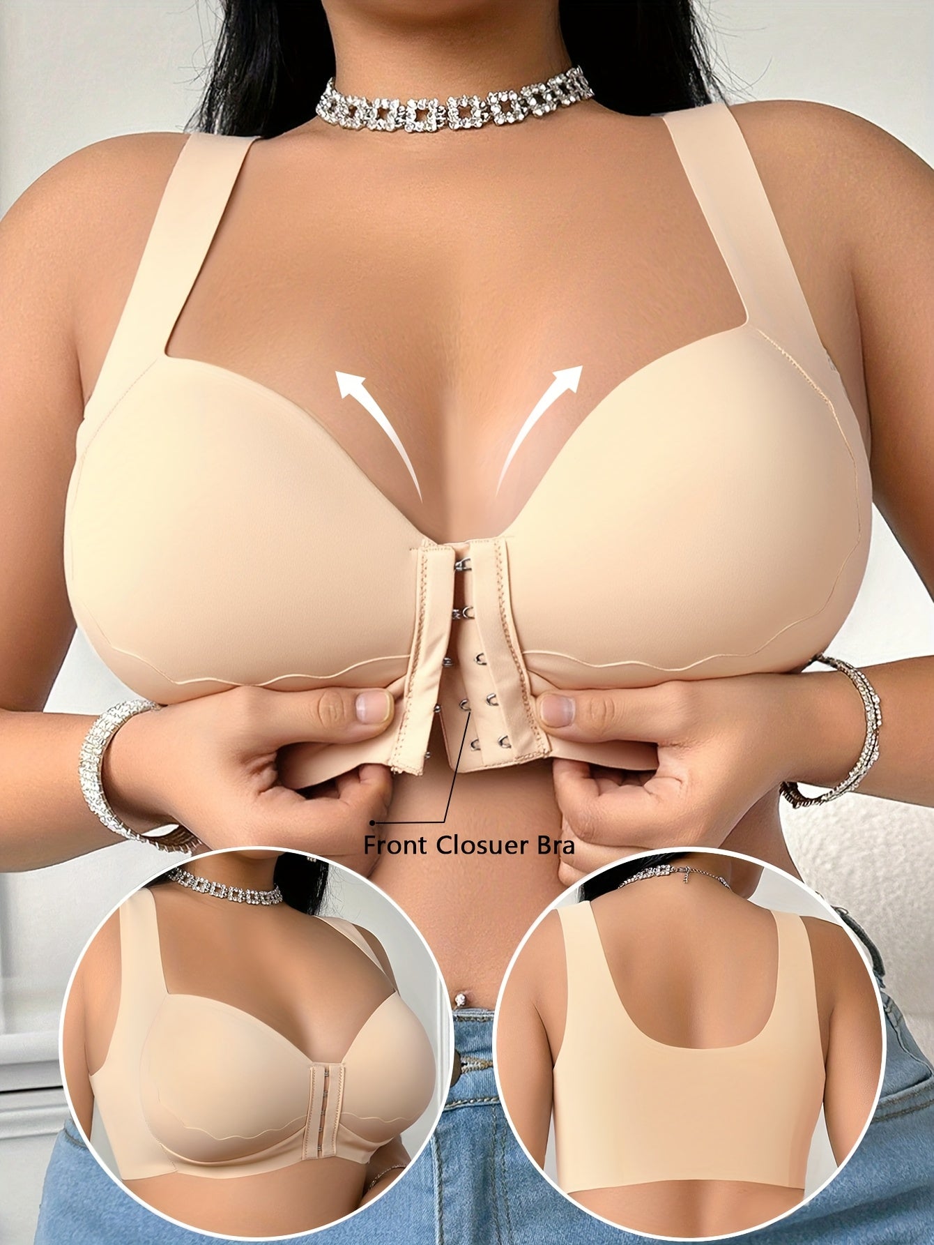 Women's Plus-Size Front-Closure Bra - Full Coverage Non-Detachable Padding, One-Piece Wide Shoulder Straps, Smooth Everyday & Formal Bras for Curvy Women - Easy Front Fastening Closure, Comfortable Lingerie, Vneck Design, Sup