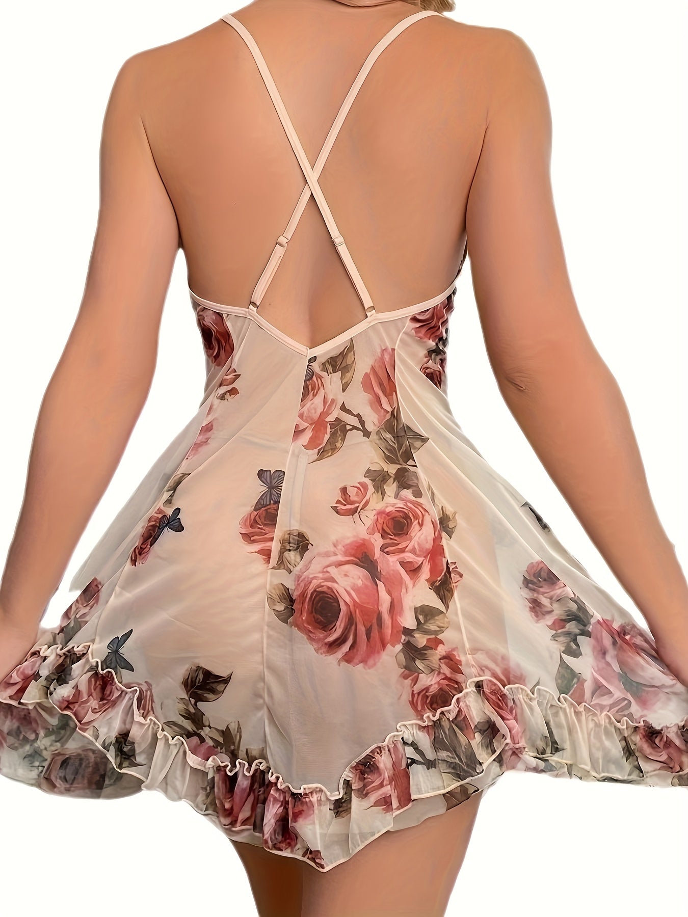 Women'S Sexy Lingerie Nightdress - Elegant Floral Print Mesh Suspender Skirt, Beige & Pink Floral Pattern, Open Back Design for Intimate Occasions, Adult Sexy Sleepwear & Nightdress, Lingerie Sets, Romantic Nightwear, Feminin