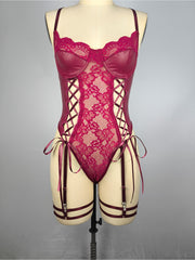 Sultry PU Leather Bodysuit - Contrast Lace, Semi-Sheer, Micro Elasticity, Plunging Backless Design, Lace-Up Garter Belt, Sexy Lingerie for Women - Knit Fabric, Solid Color, Bodystocking Stocking