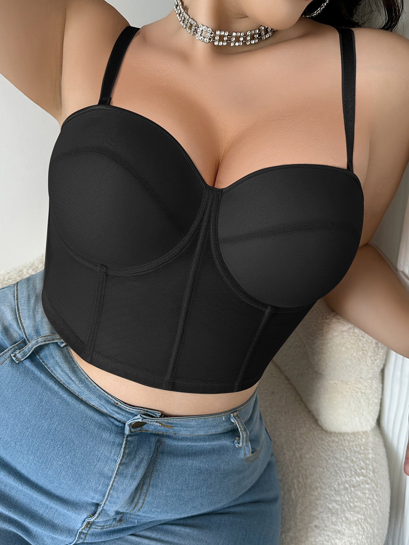 Plus-Size French-Inspired Underwire Push-Up Bra with Adjustable Detachable Straps & Fishbone Corset Design - Invisible Mesh Tummy Control Slimmer, Breathable Anti-Sagging Support, Machine Washable Elegant Structured Undergarm