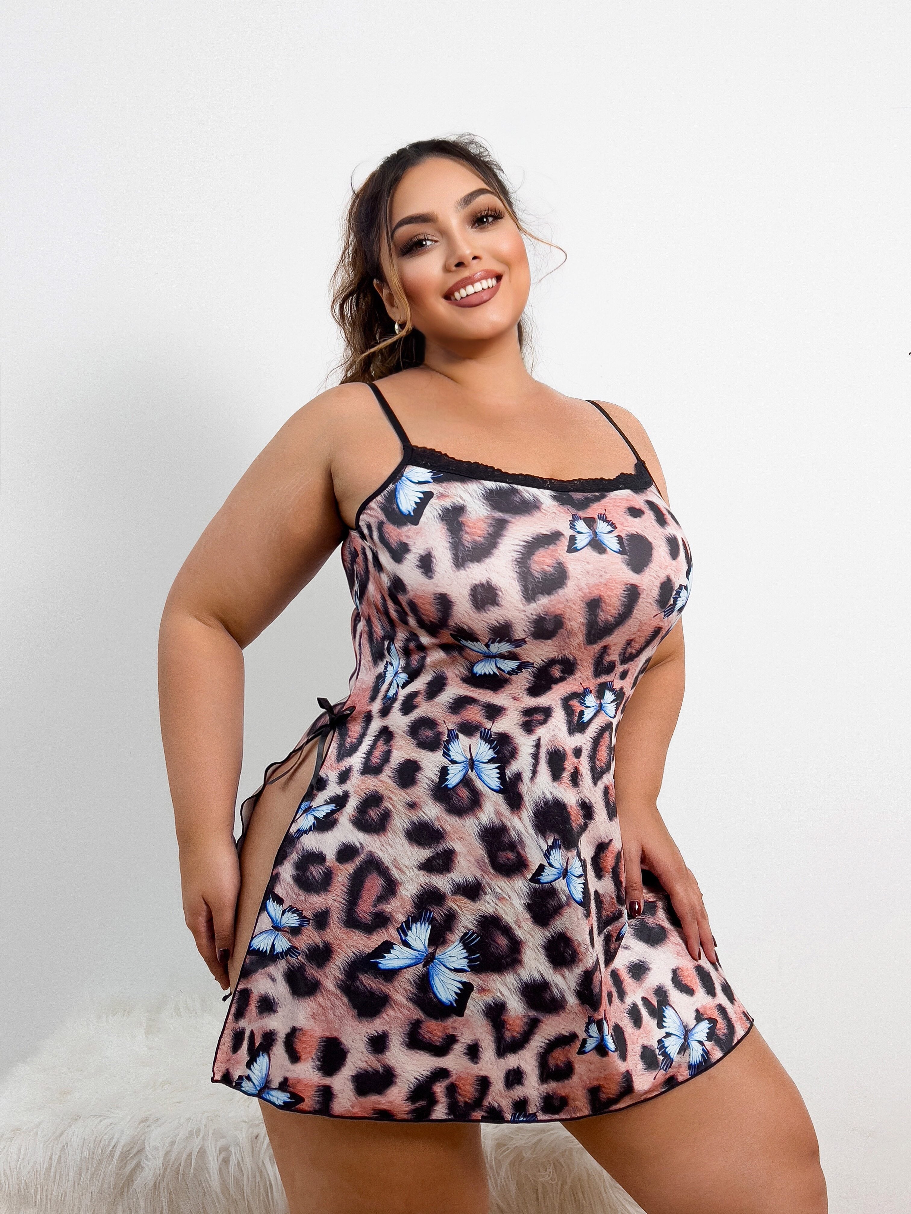 Plus Size Sexy Lingerie Dress, Women's Plus Leopard & Butterfly Print Contrast Lace Split Side Slips With Free Thong