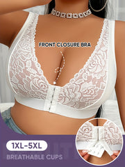 MIOTAN Women's Full Coverage Bras - Plus Size up to XL-5, Front Closure Bras with Soft Lace-like Floral pattern, Wire-Free Non-Padded Bras for Everyday & Special Occasions - Extended Curvy Support (1pc), Comfortable Daily Wea
