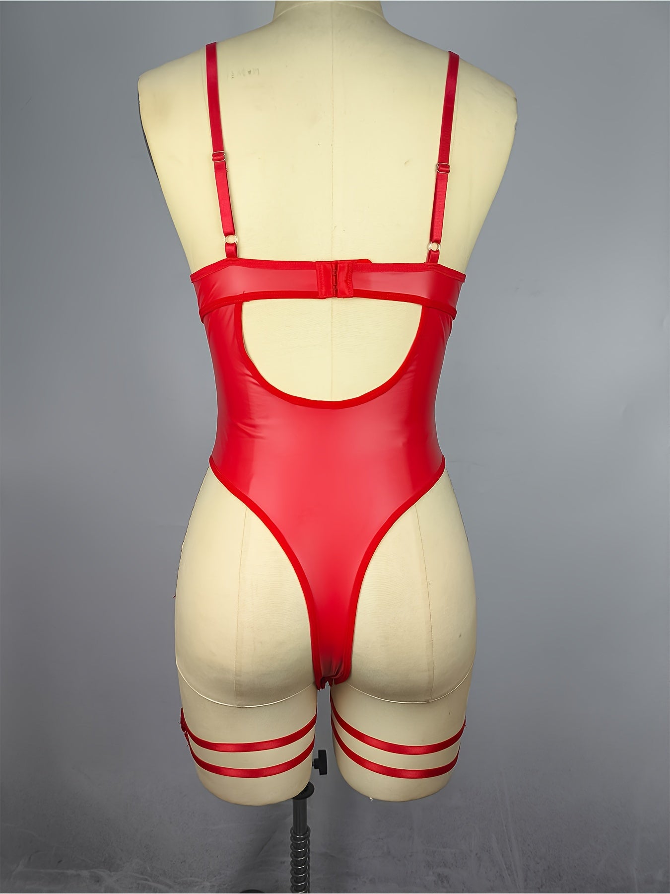 Sultry PU Leather Bodysuit - Contrast Lace, Semi-Sheer, Micro Elasticity, Plunging Backless Design, Lace-Up Garter Belt, Sexy Lingerie for Women - Knit Fabric, Solid Color, Bodystocking Stocking