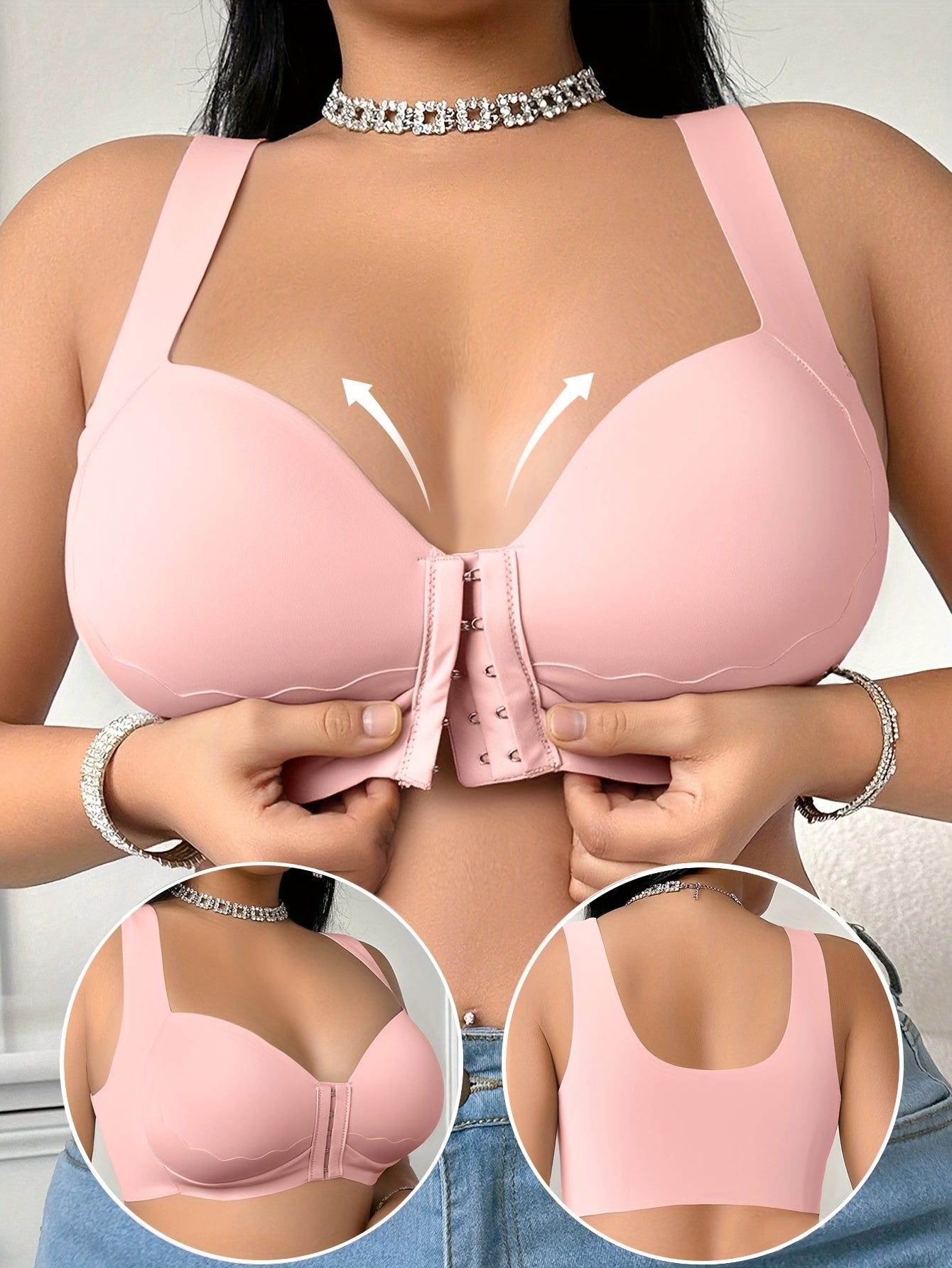 Women's Plus-Size Front-Closure Bra - Full Coverage Non-Detachable Padding, One-Piece Wide Shoulder Straps, Smooth Everyday & Formal Bras for Curvy Women - Easy Front Fastening Closure, Comfortable Lingerie, Vneck Design, Sup