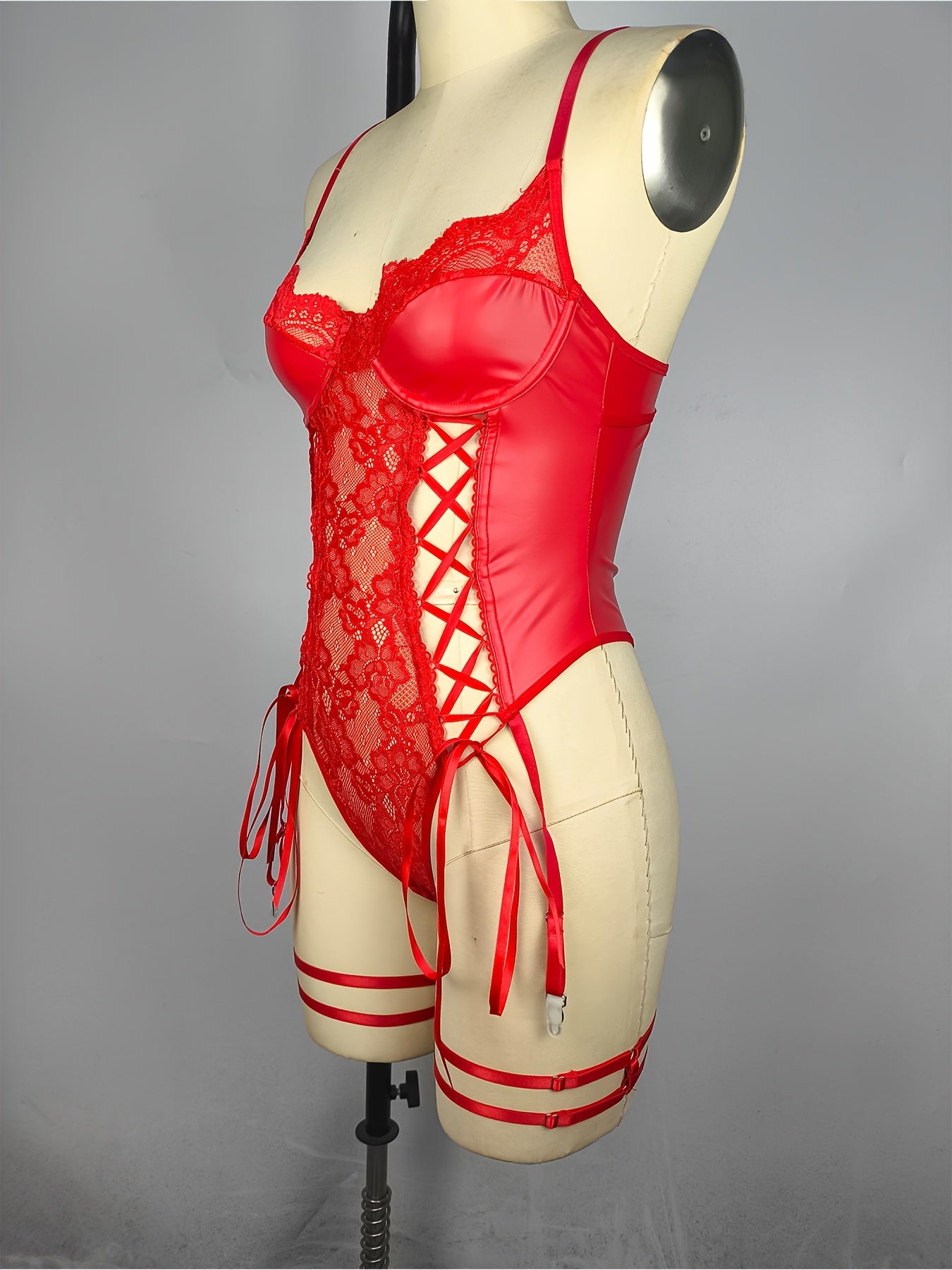 Sultry PU Leather Bodysuit - Contrast Lace, Semi-Sheer, Micro Elasticity, Plunging Backless Design, Lace-Up Garter Belt, Sexy Lingerie for Women - Knit Fabric, Solid Color, Bodystocking Stocking