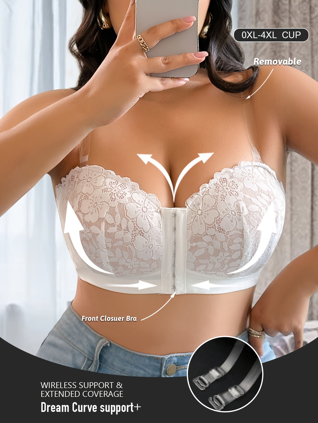 [Elegant Strapless Bra] MIOTAN Women's Elegant Jacquard Lace Strapless Bra | Front Clasp, Medium Stretch Comfort Fit, One Size Fits Most, Beach Wedding Wear, Intricate Detail