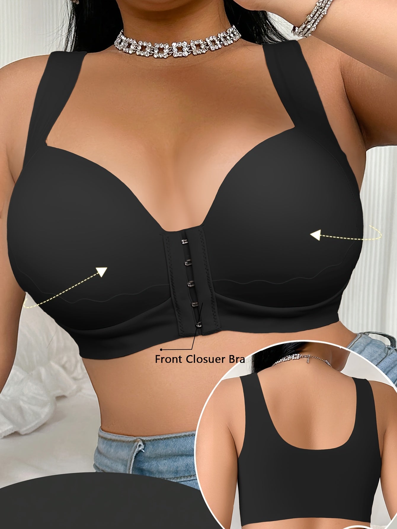 Women's Plus-Size Front-Closure Bra - Full Coverage Non-Detachable Padding, One-Piece Wide Shoulder Straps, Smooth Everyday & Formal Bras for Curvy Women - Easy Front Fastening Closure, Comfortable Lingerie, Vneck Design, Sup