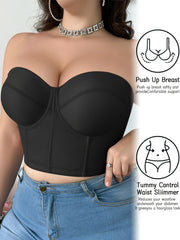 Plus-Size French-Inspired Underwire Push-Up Bra with Adjustable Detachable Straps & Fishbone Corset Design - Invisible Mesh Tummy Control Slimmer, Breathable Anti-Sagging Support, Machine Washable Elegant Structured Undergarm