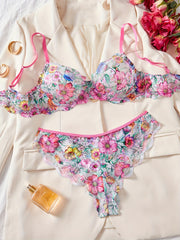 Two-piece Lace Printed Sweet Lingerie Set with Underwire And Push-up Bra And Panties Pure Seductive Style