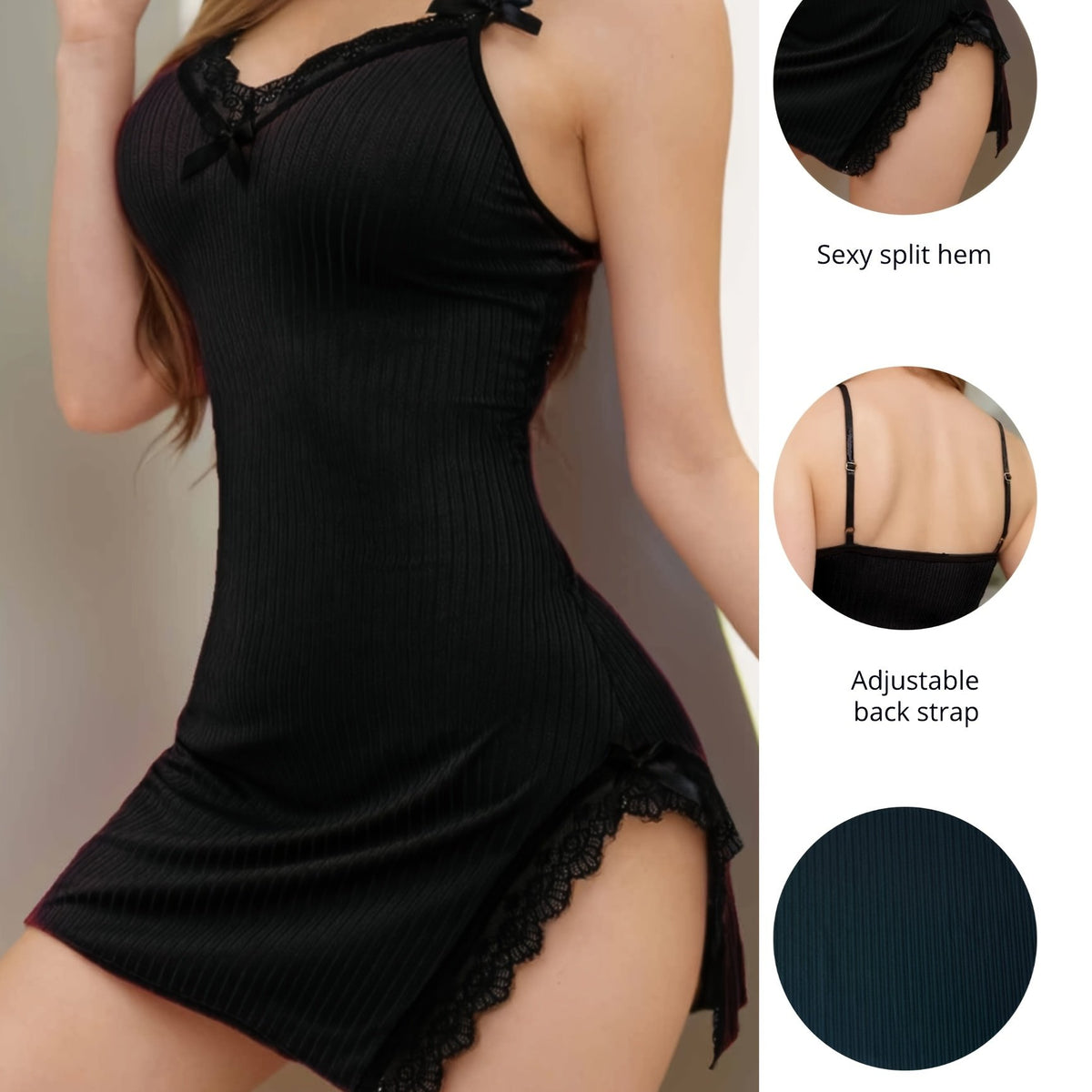 Women's Adjustable Spaghetti Strap V-Neck Sleep Dress - Luxurious Lace Trim Satin Nightdress, Machine Washable Sleeveless Wrap-Around Silhouette, All-Season Elegant Lingerie for Women, Comfortable Nightwear, Feminine Nightwea