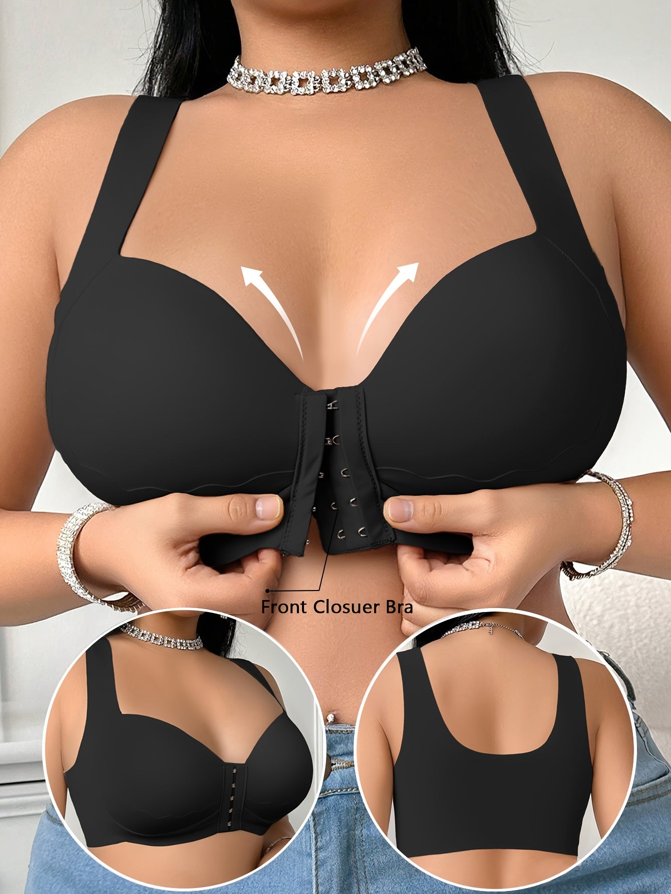 Women's Plus-Size Front-Closure Bra - Full Coverage Non-Detachable Padding, One-Piece Wide Shoulder Straps, Smooth Everyday & Formal Bras for Curvy Women - Easy Front Fastening Closure, Comfortable Lingerie, Vneck Design, Sup