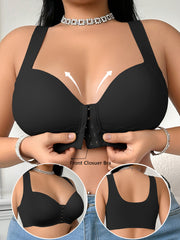 Women's Plus-Size Front-Closure Bra - Full Coverage Non-Detachable Padding, One-Piece Wide Shoulder Straps, Smooth Everyday & Formal Bras for Curvy Women - Easy Front Fastening Closure, Comfortable Lingerie, Vneck Design, Sup