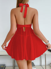 Sexy Lingerie Red Mesh Nightgown with Front Clasp and Steel Ring Bra Set 3789