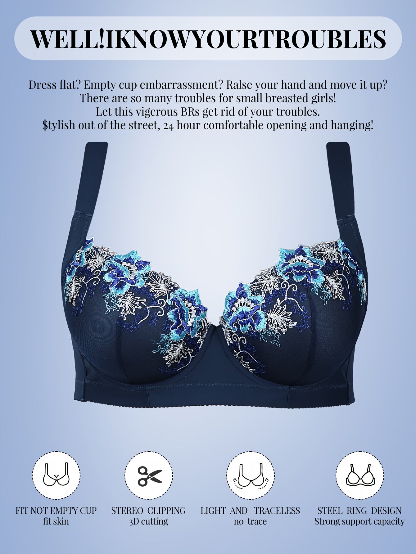 Women'S Plus Size Underwire Bras - Full-Coverage Non-Dam Removable-Free Padding, Navy Blue Floral Lace Trim, Full Cup Lift & Support, Everyday & Formal Wear, Sexy & Elegant Full-Bust Bras for Curvy Women, Comfortable Wire Bra