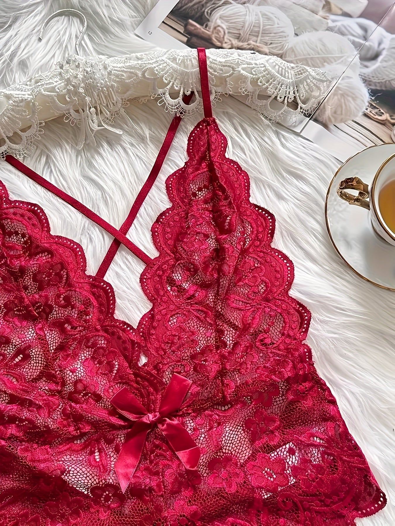 Romantic Floral Lace Bow Bodysuit - Deep V, Scallop Edge, Open Crotch Design - Sensual Cross Strappy Backless Lingerie for Women