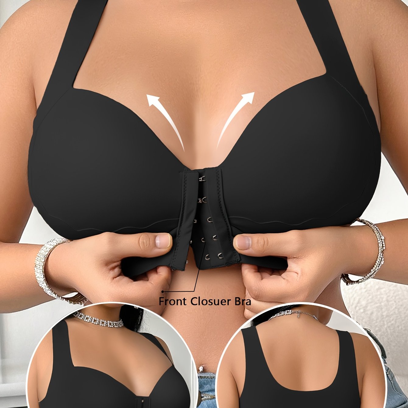 Women's Plus-Size Front-Closure Bra - Full Coverage Non-Detachable Padding, One-Piece Wide Shoulder Straps, Smooth Everyday & Formal Bras for Curvy Women - Easy Front Fastening Closure, Comfortable Lingerie, Vneck Design, Sup