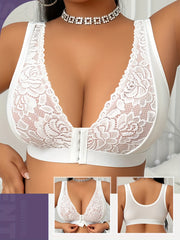 MIOTAN Women's Full Coverage Bras - Plus Size up to XL-5, Front Closure Bras with Soft Lace-like Floral pattern, Wire-Free Non-Padded Bras for Everyday & Special Occasions - Extended Curvy Support (1pc), Comfortable Daily Wea