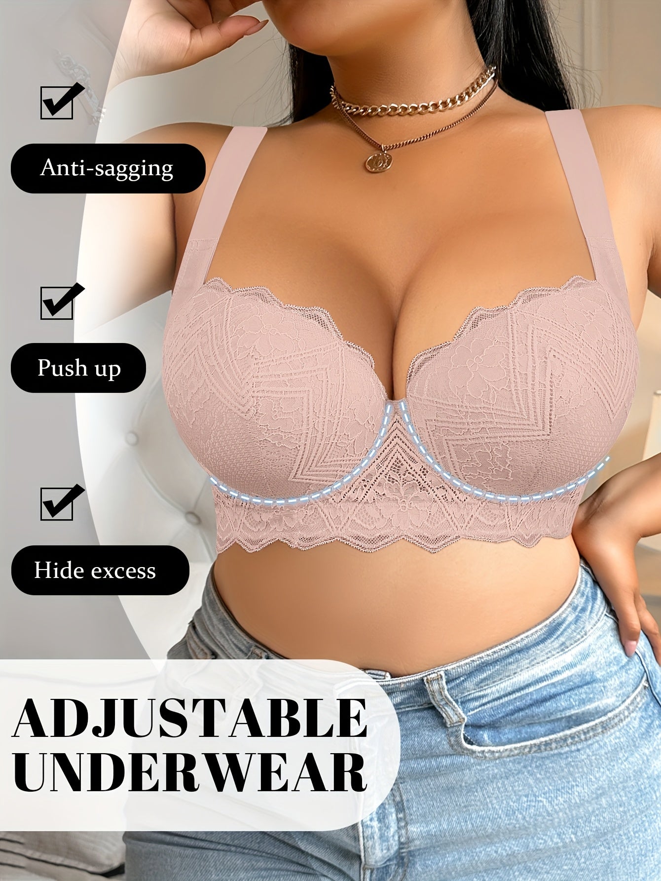 Women's Plus Size Non-Slip Underwire Bra - Lift & Support with Side Breast Support, Beige Lace Cups, Everyday & Formal Lingerie - Elegant Plus Size Bras for Women, Comfortable Fit, Seamless Design, Durable Construction, Fullf