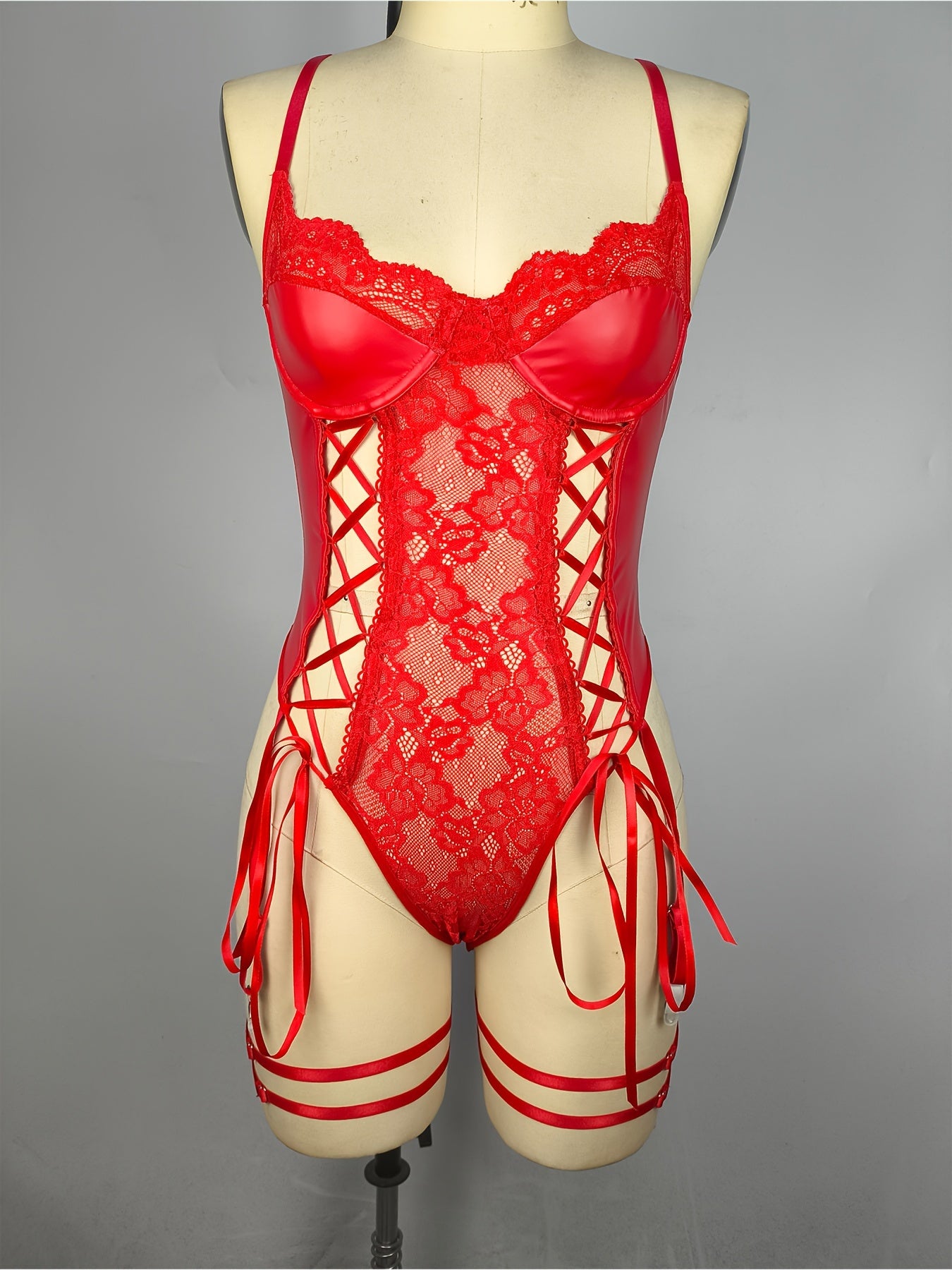 Sultry PU Leather Bodysuit - Contrast Lace, Semi-Sheer, Micro Elasticity, Plunging Backless Design, Lace-Up Garter Belt, Sexy Lingerie for Women - Knit Fabric, Solid Color, Bodystocking Stocking