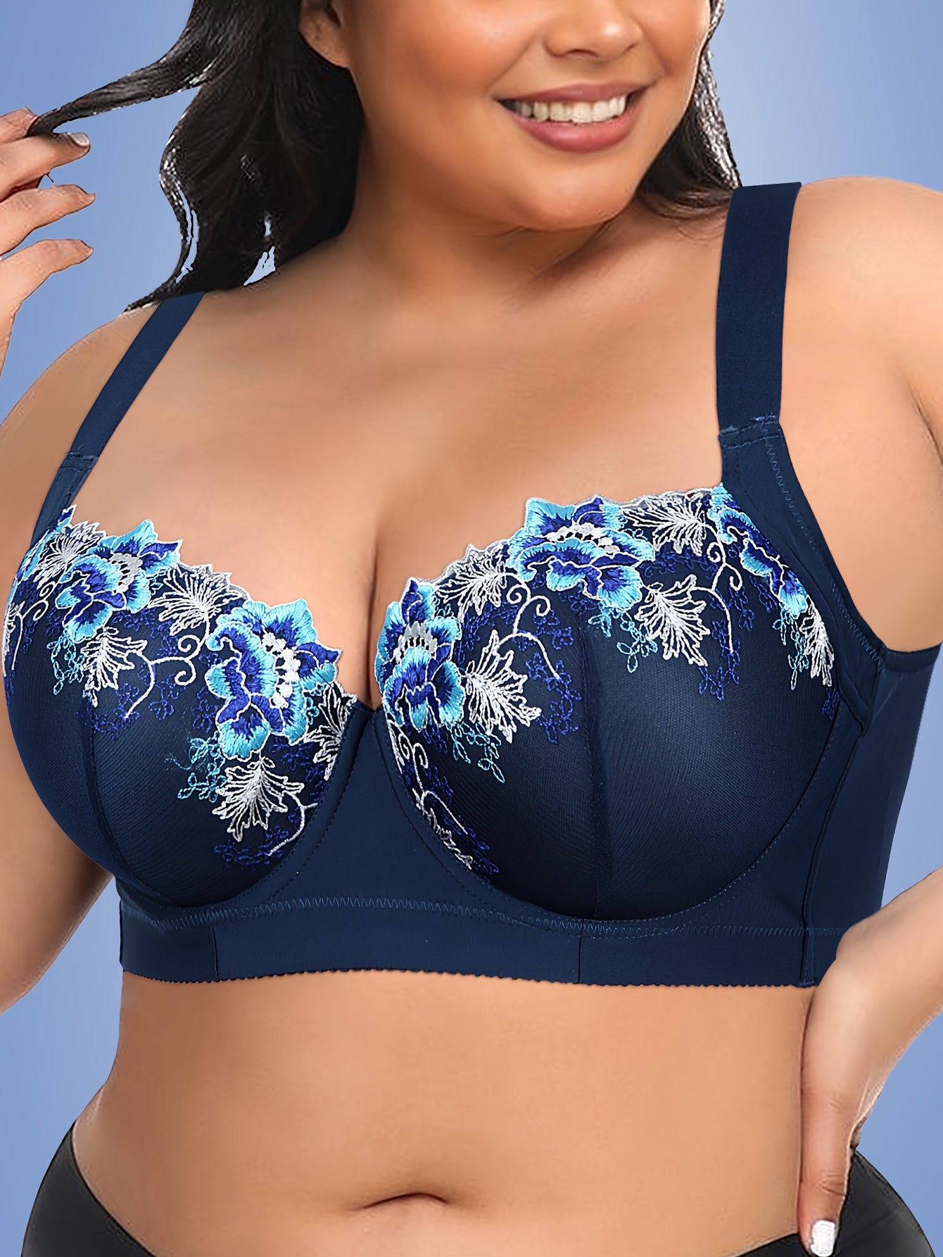 Women'S Plus Size Underwire Bras - Full-Coverage Non-Dam Removable-Free Padding, Navy Blue Floral Lace Trim, Full Cup Lift & Support, Everyday & Formal Wear, Sexy & Elegant Full-Bust Bras for Curvy Women, Comfortable Wire Bra