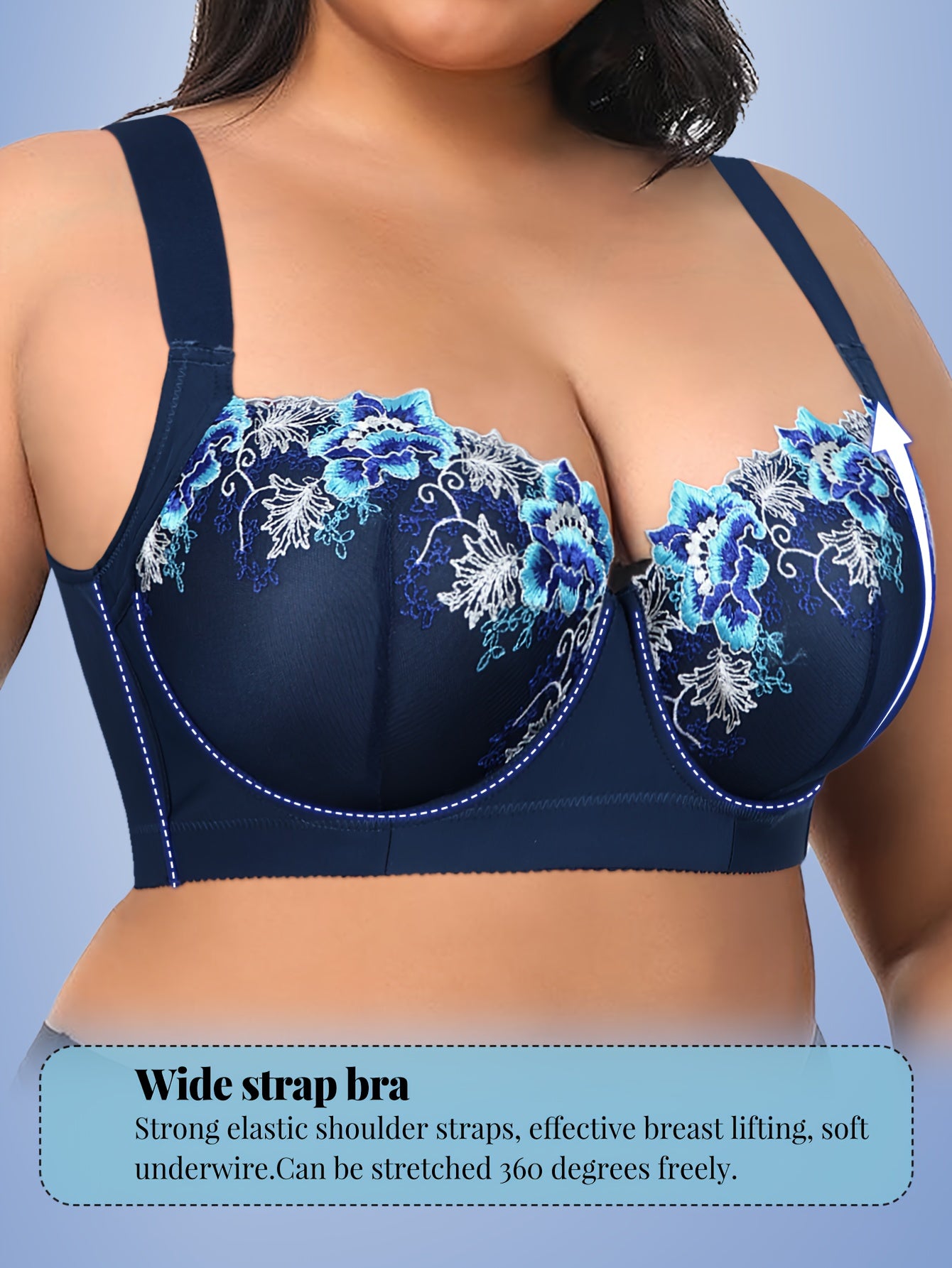 Women'S Plus Size Underwire Bras - Full-Coverage Non-Dam Removable-Free Padding, Navy Blue Floral Lace Trim, Full Cup Lift & Support, Everyday & Formal Wear, Sexy & Elegant Full-Bust Bras for Curvy Women, Comfortable Wire Bra