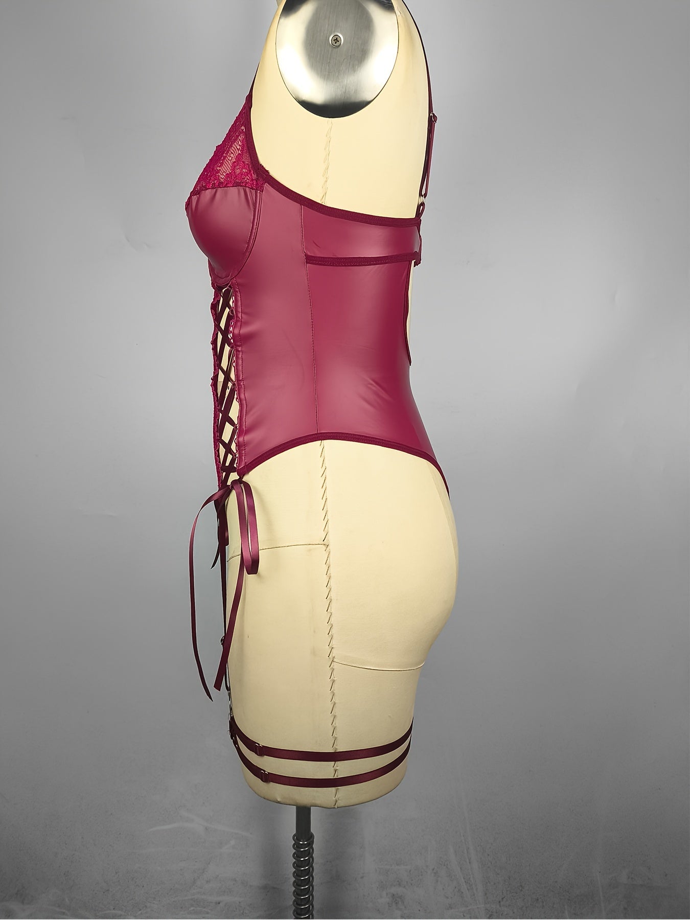 Sultry PU Leather Bodysuit - Contrast Lace, Semi-Sheer, Micro Elasticity, Plunging Backless Design, Lace-Up Garter Belt, Sexy Lingerie for Women - Knit Fabric, Solid Color, Bodystocking Stocking