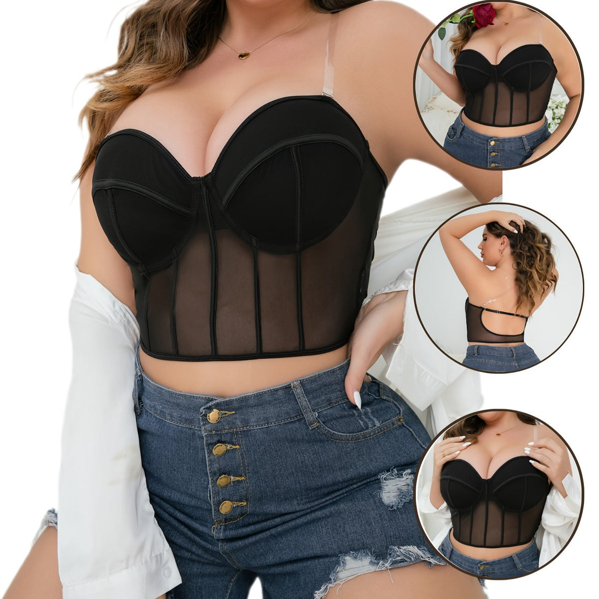 Women's Bras with Invisible Shoulder Straps - Open Front Bra Tops, Mesh Outerwear-Like Look, Machine Washable Black Lingerie for Everyday & Formal Outfits - Convertible Clothing Piece