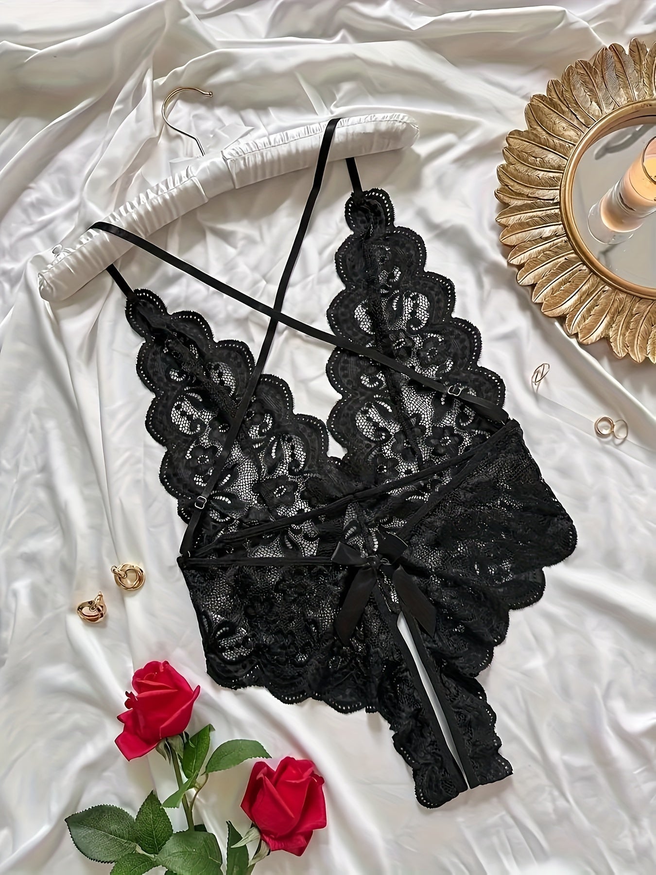 Romantic Floral Lace Bow Bodysuit - Deep V, Scallop Edge, Open Crotch Design - Sensual Cross Strappy Backless Lingerie for Women