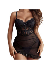Women's Elegant Lace Choker Lingerie Chemise with Push-Up Underwire Bra, Ruffle Hem & Semi-Sheer Design - Adjustable Back Strap & Machine Washable One-Piece Nightgown for Adults, Sophisticated Sleepwear Special Occasions