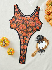 Women's Sexy Halloween one-piece lingerie - Semi-Sheer Mesh, Sexy Party Outfit for Halloween Costume Intimate Evenings, Women's Lingerie, Themed Clothing, Floral Print Design, Stretchy Material, Garterneck Bralette, Adult Wom