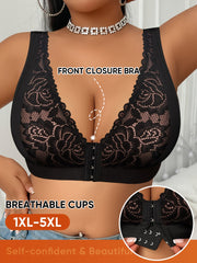 Women's Plus Size Full Coverage Large Bust Bra - Full-Body Lace Jacquard Front Closure, Soft Breathable Wire-Free, A-J Cup Compatible, Full-Cup Design with Smooth Cup & Clear Strap Options, Hand Washable (No Padding) - Elegan