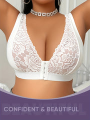 MIOTAN Women's Full Coverage Bras - Plus Size up to XL-5, Front Closure Bras with Soft Lace-like Floral pattern, Wire-Free Non-Padded Bras for Everyday & Special Occasions - Extended Curvy Support (1pc), Comfortable Daily Wea