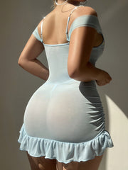[Azure Butterfly Dream!] Pearl Suspender Dress - Butterfly Embroidery Weaves Dreams, Chiffon Hugs Waist, Off-Shoulder Lures Reverie, Blue Heartbeat In Bedroom, Every Inch Allures!