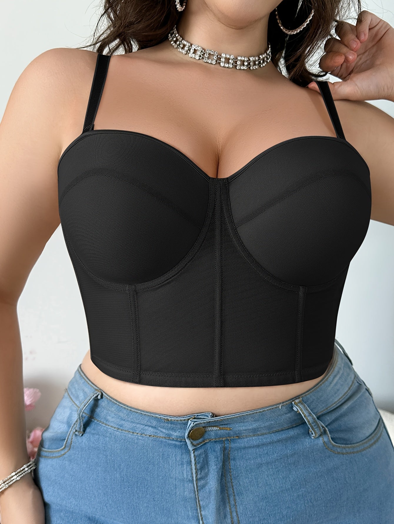 Plus-Size French-Inspired Underwire Push-Up Bra with Adjustable Detachable Straps & Fishbone Corset Design - Invisible Mesh Tummy Control Slimmer, Breathable Anti-Sagging Support, Machine Washable Elegant Structured Undergarm