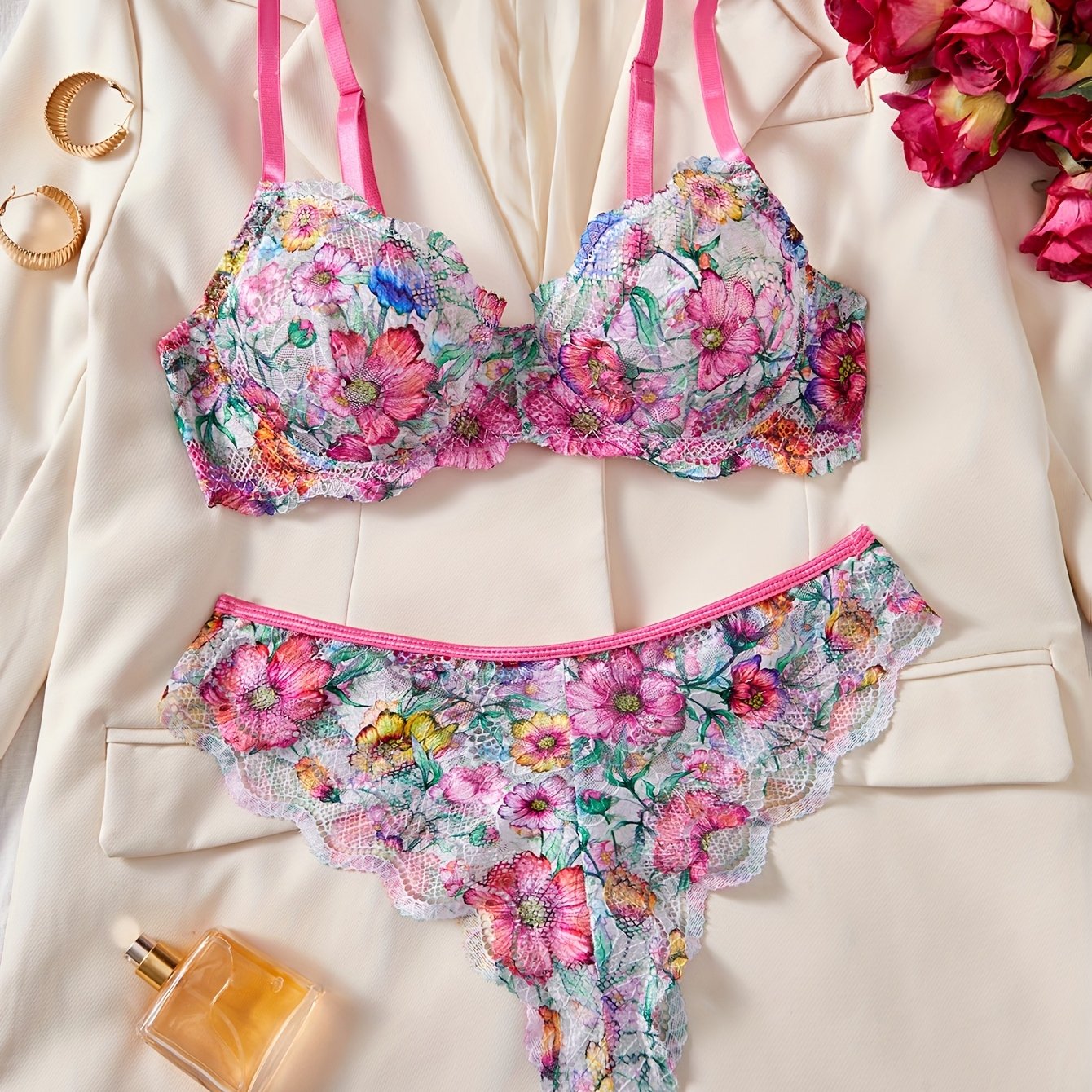 Two-piece Lace Printed Sweet Lingerie Set with Underwire And Push-up Bra And Panties Pure Seductive Style