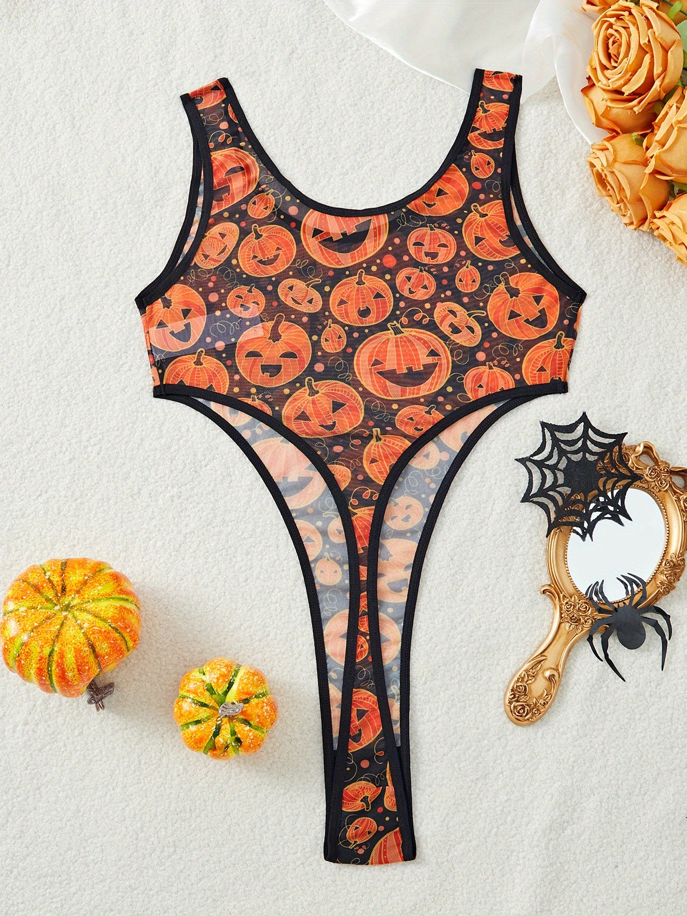 Women's Sexy Halloween one-piece lingerie - Semi-Sheer Mesh, Sexy Party Outfit for Halloween Costume Intimate Evenings, Women's Lingerie, Themed Clothing, Floral Print Design, Stretchy Material, Garterneck Bralette, Adult Wom