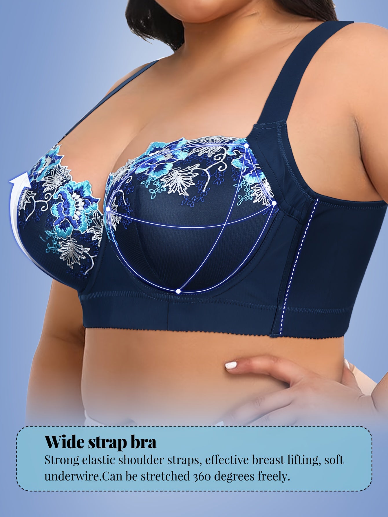 Women'S Plus Size Underwire Bras - Full-Coverage Non-Dam Removable-Free Padding, Navy Blue Floral Lace Trim, Full Cup Lift & Support, Everyday & Formal Wear, Sexy & Elegant Full-Bust Bras for Curvy Women, Comfortable Wire Bra