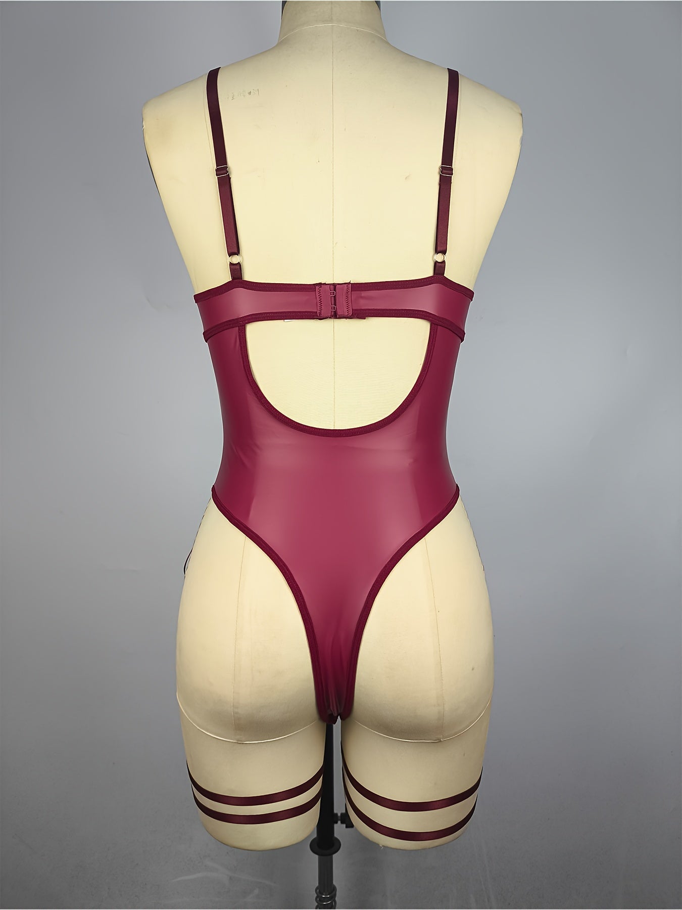 Sultry PU Leather Bodysuit - Contrast Lace, Semi-Sheer, Micro Elasticity, Plunging Backless Design, Lace-Up Garter Belt, Sexy Lingerie for Women - Knit Fabric, Solid Color, Bodystocking Stocking