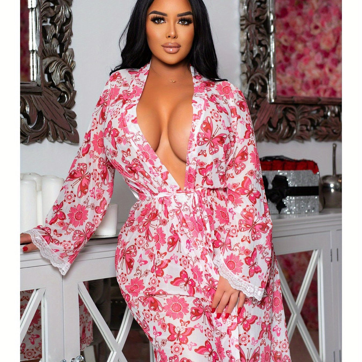 Plus size floral print robe