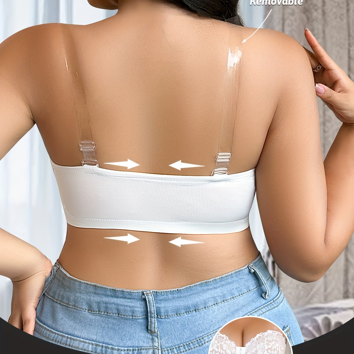 [Elegant Strapless Bra] MIOTAN Women's Elegant Jacquard Lace Strapless Bra | Front Clasp, Medium Stretch Comfort Fit, One Size Fits Most, Beach Wedding Wear, Intricate Detail