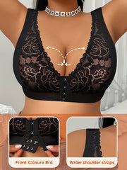 Women's Plus Size Full Coverage Large Bust Bra - Full-Body Lace Jacquard Front Closure, Soft Breathable Wire-Free, A-J Cup Compatible, Full-Cup Design with Smooth Cup & Clear Strap Options, Hand Washable (No Padding) - Elegan