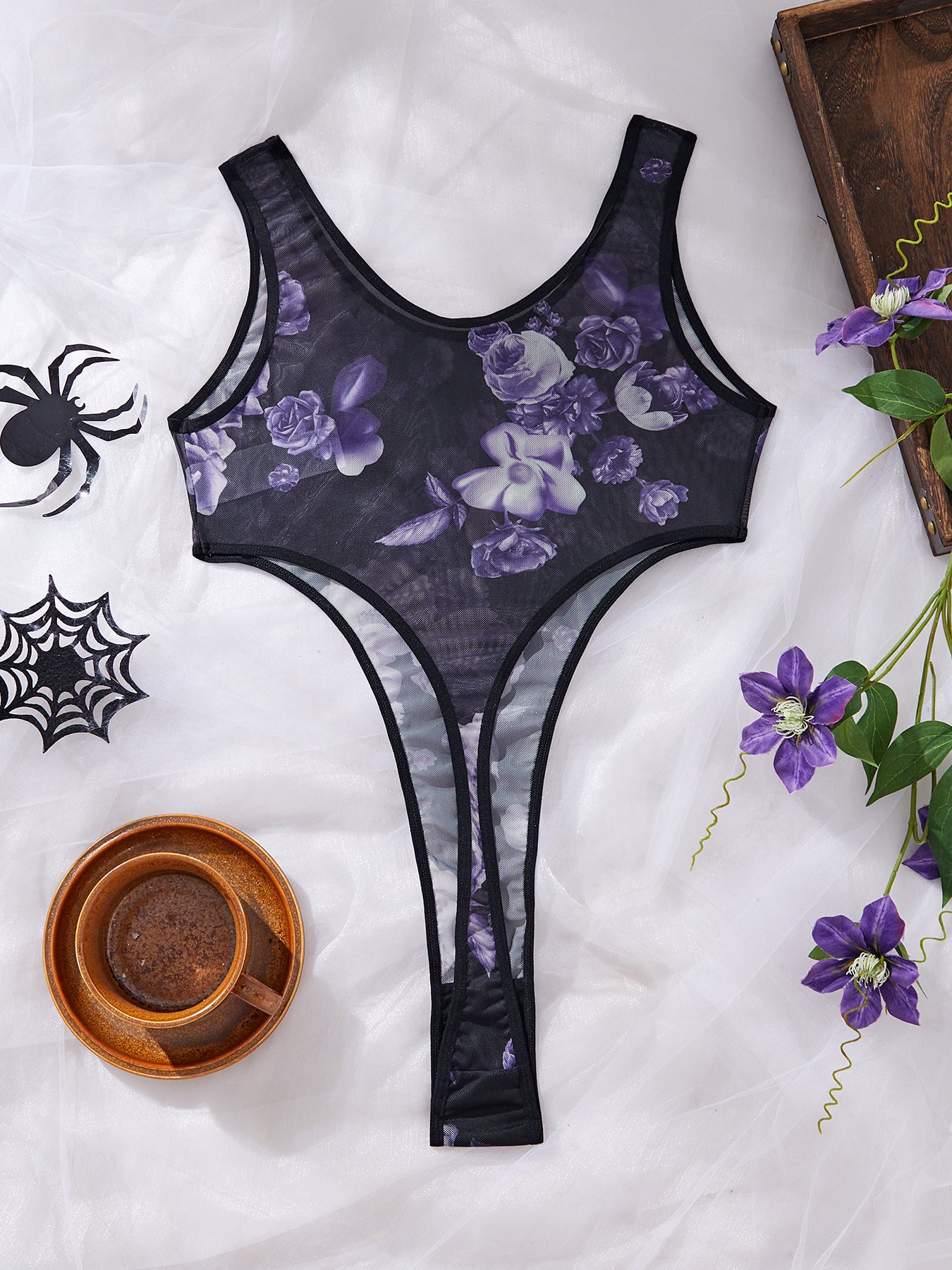 Women's Sexy Halloween one-piece lingerie - Semi-Sheer Mesh, Sexy Party Outfit for Halloween Costume Intimate Evenings, Women's Lingerie, Themed Clothing, Floral Print Design, Stretchy Material, Garterneck Bralette, Adult Wom