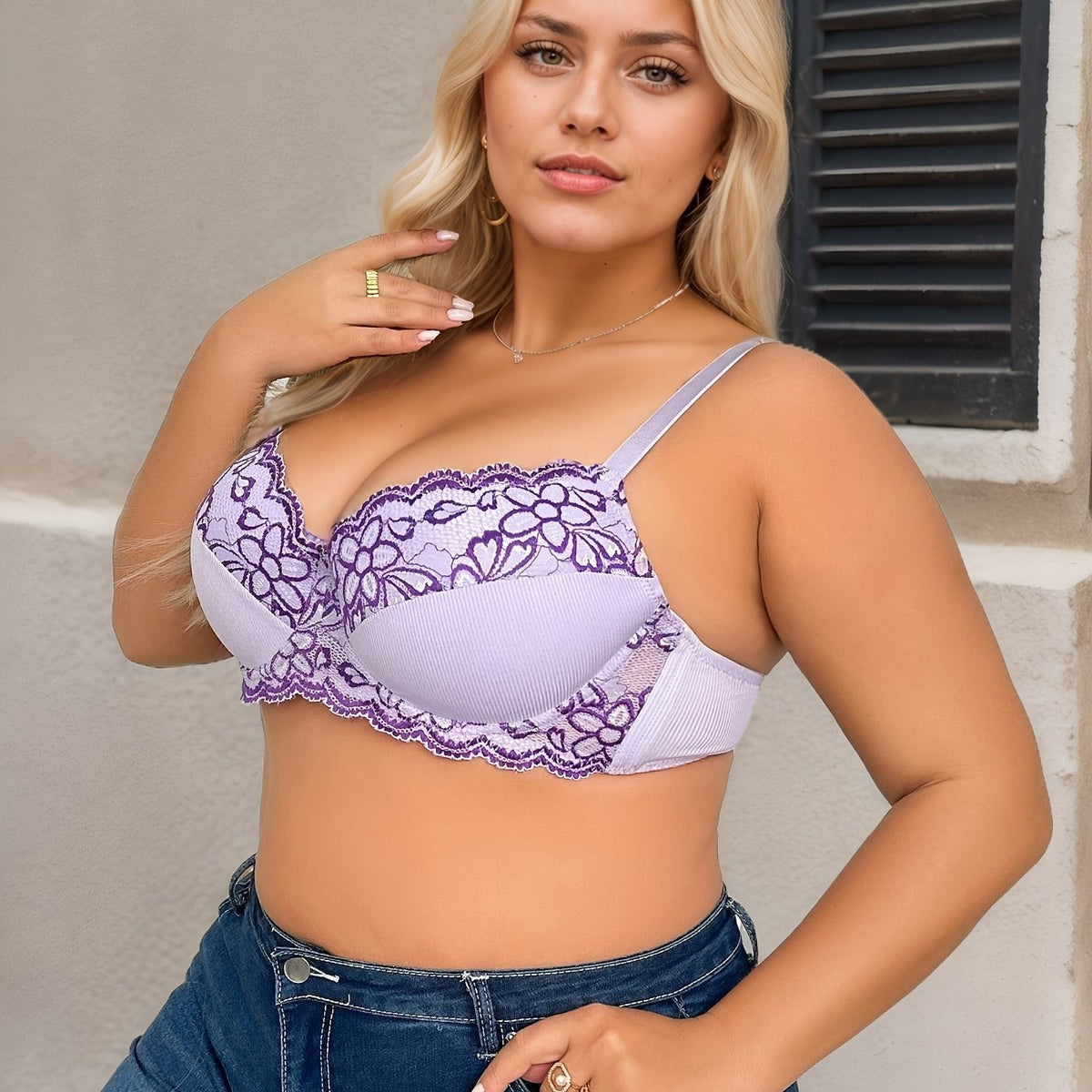 Plus Size Women'S Elegant Floral Lace Push-Up Bra For Women, Adjustable Straps - Non-Removable Padded Cups, Intricate Lacework Comfortable Sexy Lingerie For Everyday & Special Occasions, Women'S Lingerie & Underwear