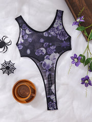 Women's Sexy Halloween one-piece lingerie - Semi-Sheer Mesh, Sexy Party Outfit for Halloween Costume Intimate Evenings, Women's Lingerie, Themed Clothing, Floral Print Design, Stretchy Material, Garterneck Bralette, Adult Wom