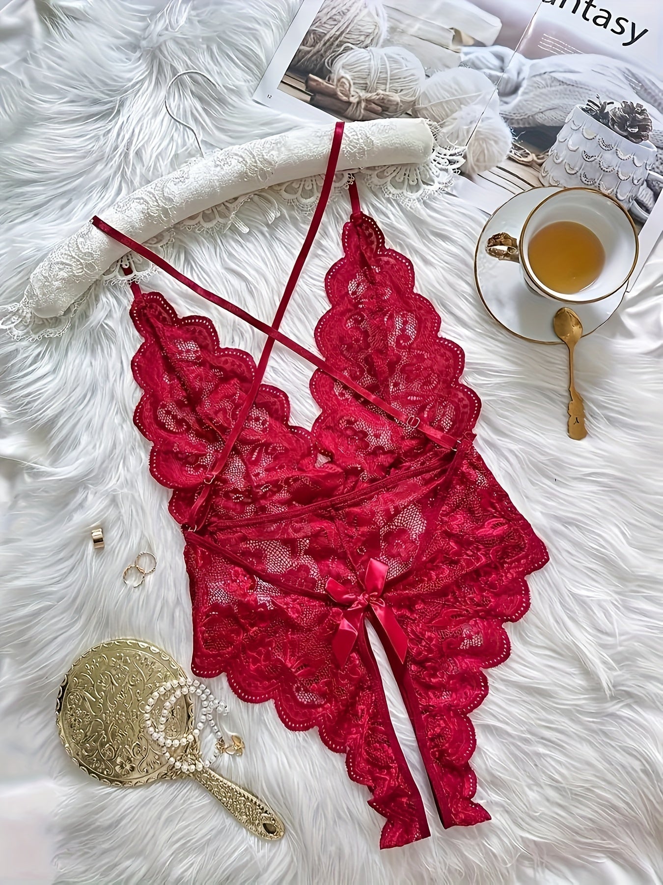 Romantic Floral Lace Bow Bodysuit - Deep V, Scallop Edge, Open Crotch Design - Sensual Cross Strappy Backless Lingerie for Women