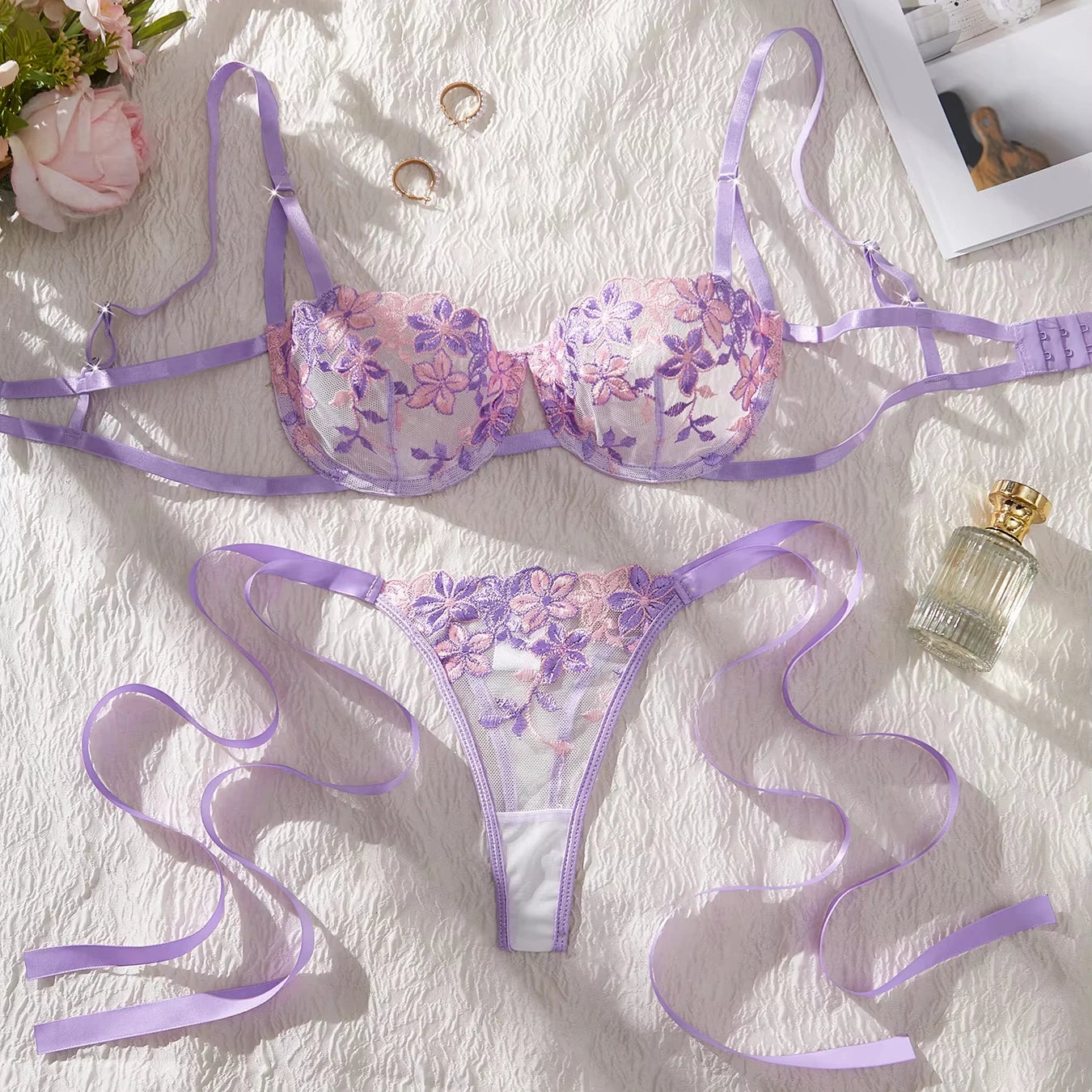 Valentine's Day Sexy and Aesthetic Wine Purple Lace Floral Embroidery Lingerie Set