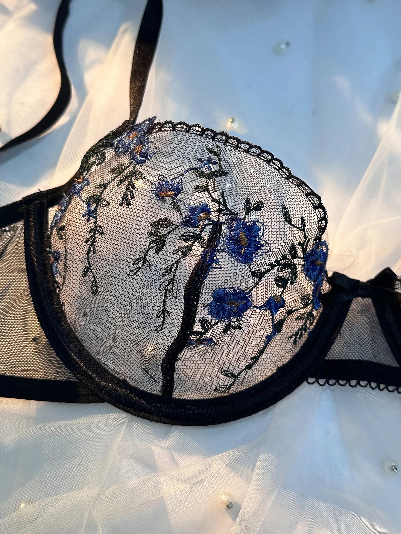 Valentine's Day Gift Sexy Charm Floral Print Black Lace Mesh  Womens Lingerie Set
