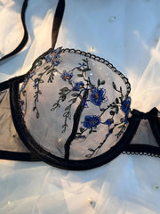 Valentine's Day Gift Sexy Charm Floral Print Black Lace Mesh  Womens Lingerie Set